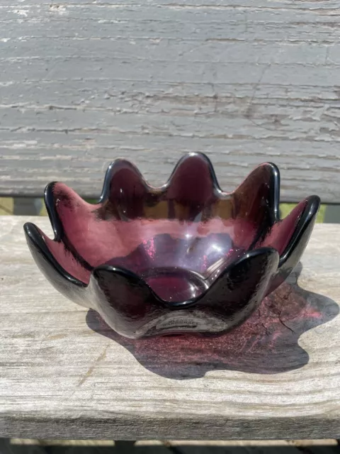 BLENKO Art Glass Lotus Bowl Amethyst Purple Signed Vintage 2001 Richard Blenko