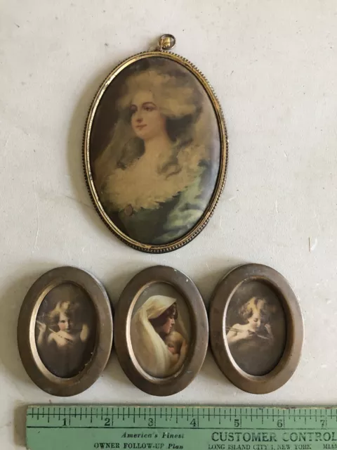 4 Antique Small Tin Picture Frames Oval Triptych Set Cupid Awake Asleep Prints