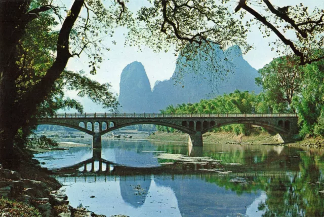 Guilin China, Li River, Old Xingping Bridge Scenic View, Vintage Postcard