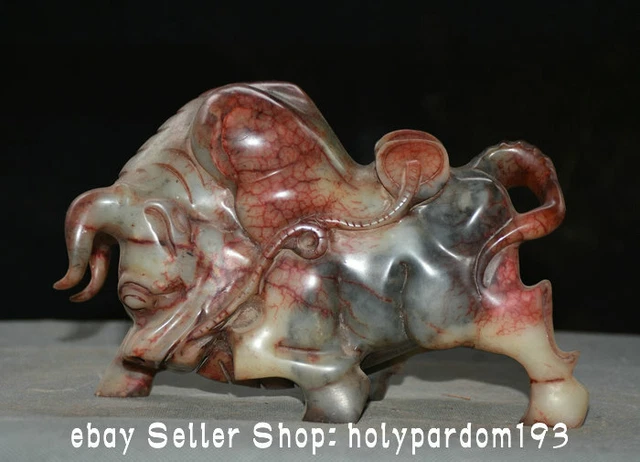 8.4" Rare Chinese Xiu Jade Carving Rhinoceros Corrida Cattle Ox Statue Sculpture