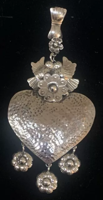 Large 4” Handmade Mexican Sterling Silver Hand Love Bird Heart Pendant