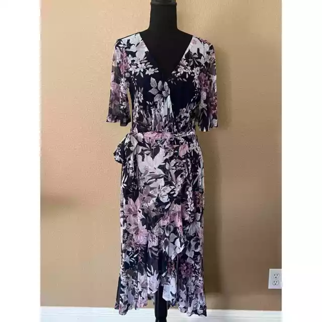 Connected Apparel Women's Blue Floral Wrap Midi Dress Sz 12