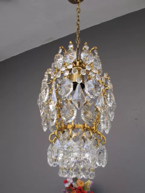 Antique French Cage Style Crystal Chandelier Lamp 1940's 2