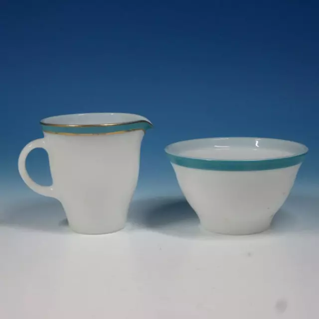 Vintage USA Pyrex Milk Glass - Turquoise Blue Gold Band - Creamer, Open Sugar