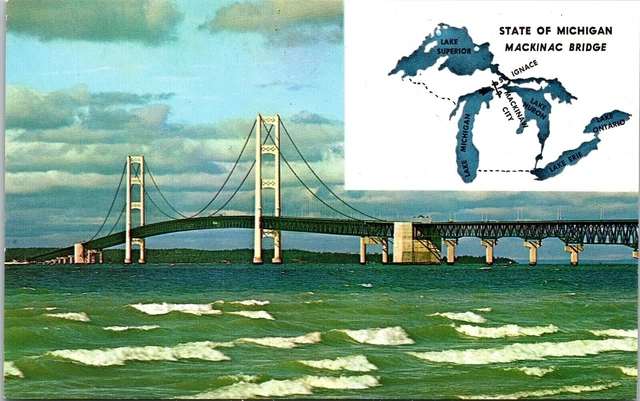 State Michigan Mackinac Bridge Map Dual View MI Postcard VTG UNP Plastichrome