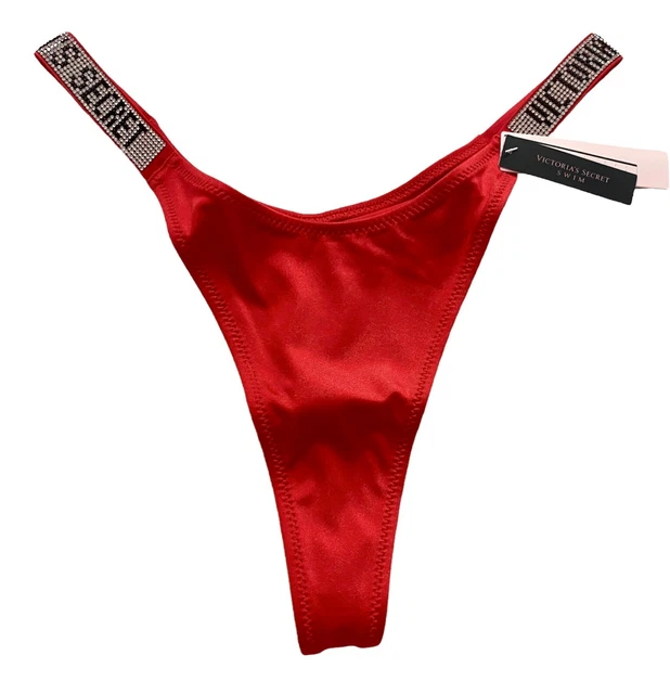VICTORIAS SECRET NWT Red Logo Shine Strap Sexy Laguna Thong Swim Bikini