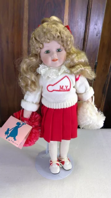 Vtg 1989 Porcelain Doll Marian Yu Designs MYD 14" Cheerleader w/Tag +Stand   Box