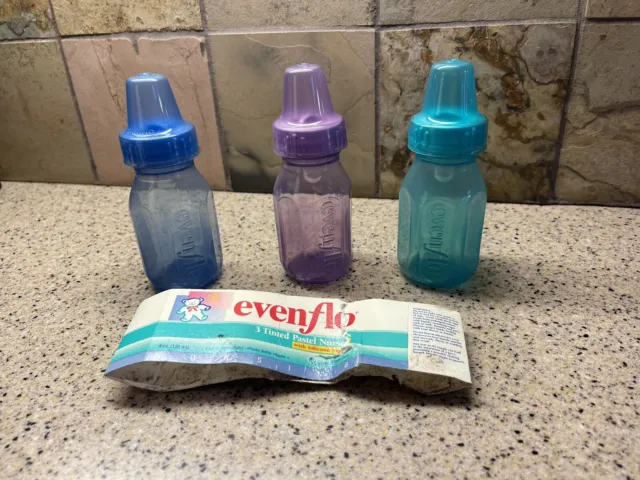 3 Vtg ‘96 Evenflo Tinted Pastel Blue Purple Green Plastic Baby Bottles 4 oz NEW
