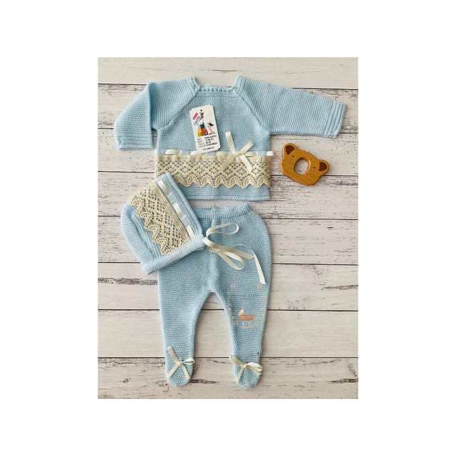 Newborn Baby or Reborn Doll Spanish knitted 3 piece set Blue/beige