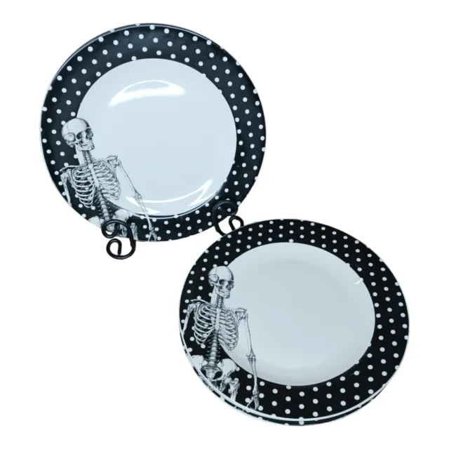 Wicked Ciroa Set of 4 Skeleton Dinner Plates Black White Polka Dot Fine China