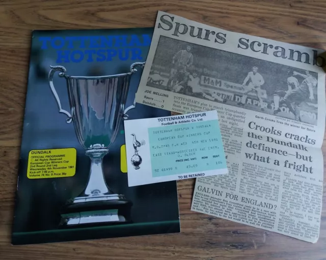 1981/82 ECWC 2nd Rnd Programme, Ticket & Newspaper – Tottenham vs Dundalk