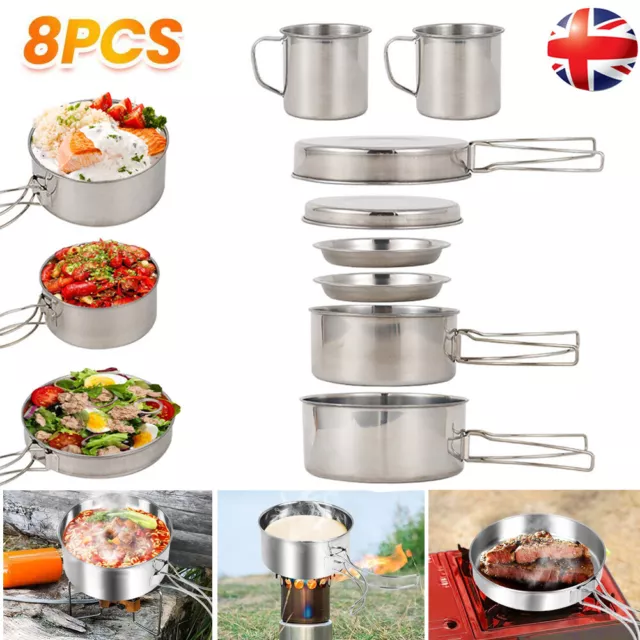 Camping Cookware Mess Kit 8PCS Stainless Steel Cooking Pot Fry Pan Bowl BBQ Set