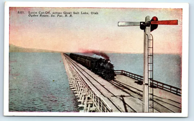 Postcard Lucin Cut-Off across Great Salt Lake, UT Ogden Rt So Pac RR L98