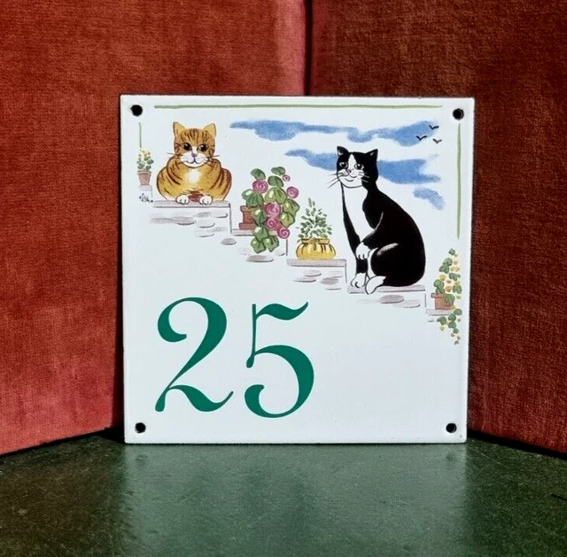 French vintage enamel house cat flower sign number 25 for door , wall , street .