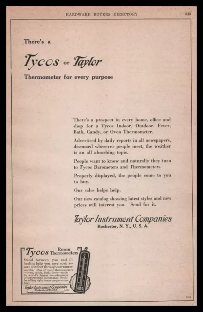 1922 Taylor Instrument Co. Rochester New York Tycos Room Thermometers Print Ad