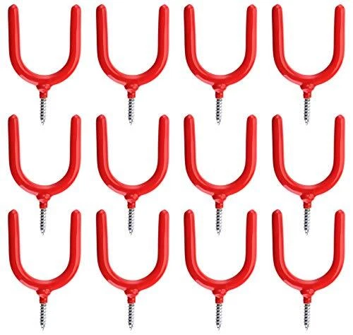 12 Pack Screw-in Hooks Tool, Red Vinyl Coated Steel Wall Mount Utility U-Hooks