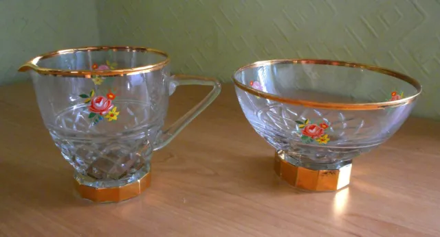 Cut Glass Sugar Bowl And Milk Jug Vintage 1970s Rose Floral Motif, Gold Gilt