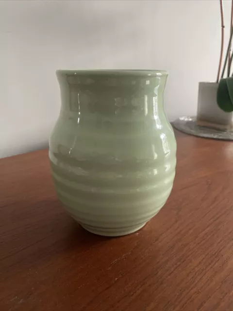 Vintage Green Ribbed Stoneware Vase