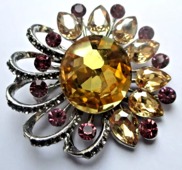 Grande Broche couleur argent cristaux citrine améthyste bijou vintage 5640