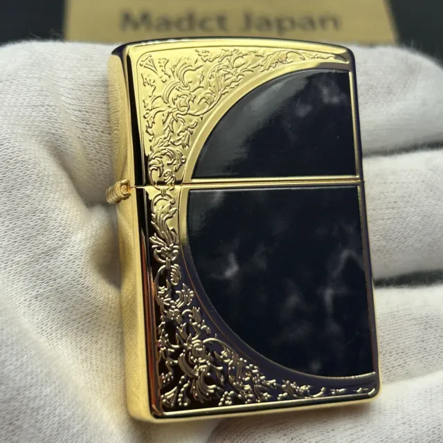 Zippo Marble Arabesque Black Gold Etching Regular Case Oil Lighter Japan