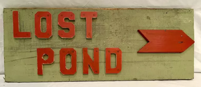 Vintage Red & Sage Green Wood Sign "LOST POND" w/Raised Wood Lettering