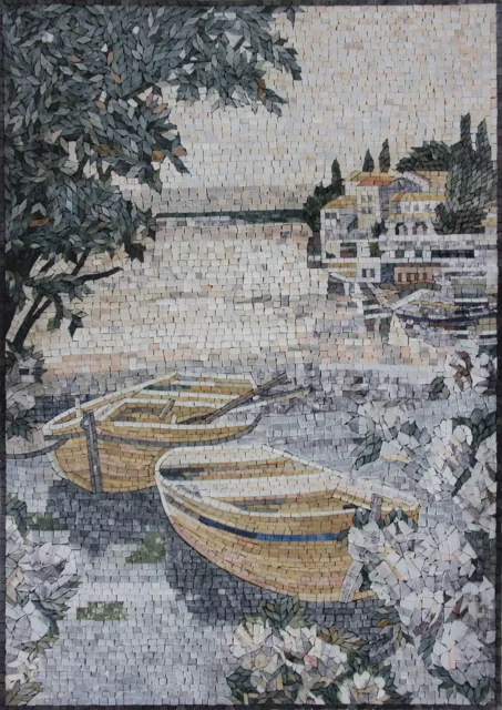Mosaic Marble Landscape Boats Mural Handmade Wall Tile Art