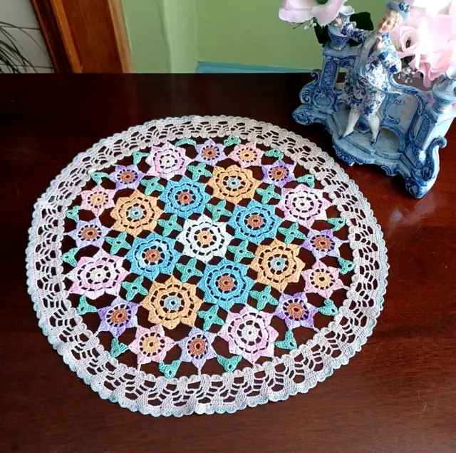 Beautiful Vintage Table Centre ~ Hand Crocheted Round Multicoloured 15" Diameter