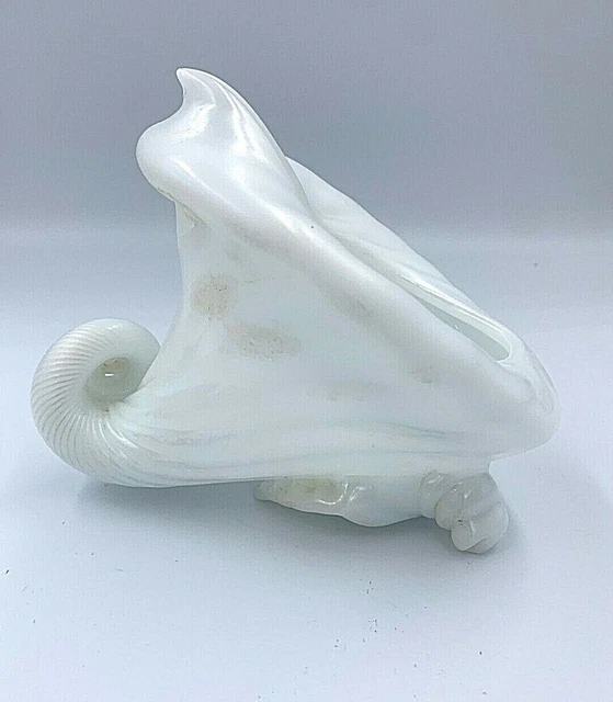 Vintage White Opalescent Art Glass Conch Shell Planter Vase Ocean Beach Nautical