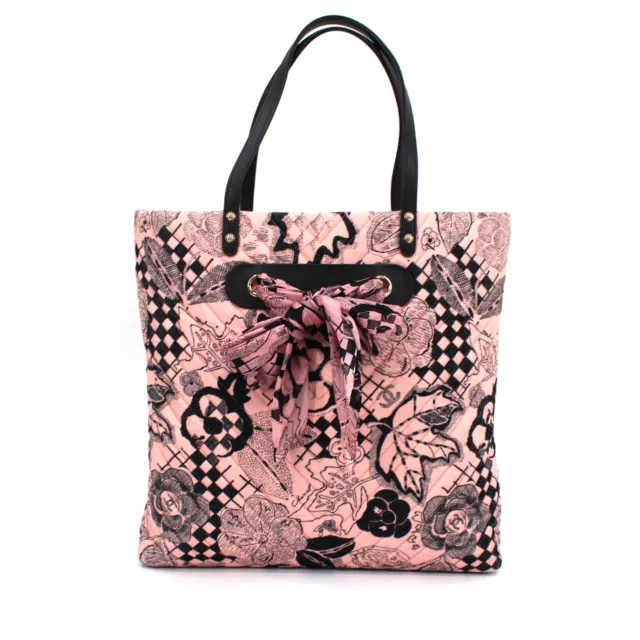 Chanel Bow Scarf Pink Corduroy Black Camellia Pattern Tote Leather Handle Bag CC