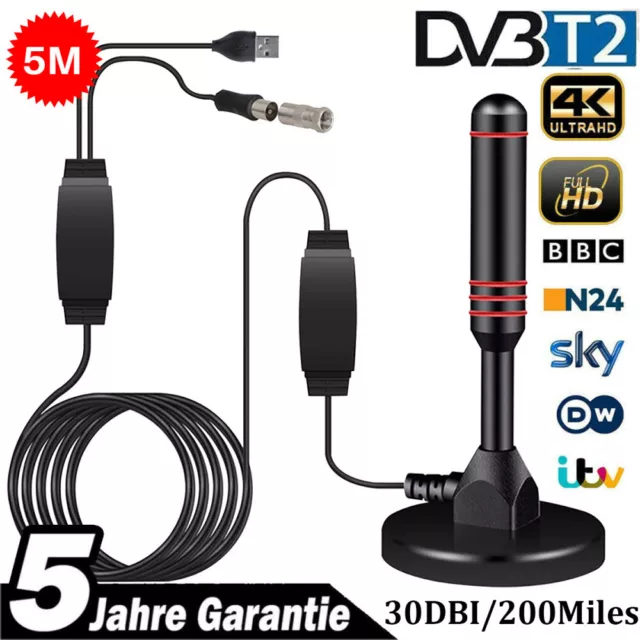 DVB-T2 Antenne FULL HD TV terrestrisch Aktiv DAB Zimmerantenne 30dbi + 5M Kabel