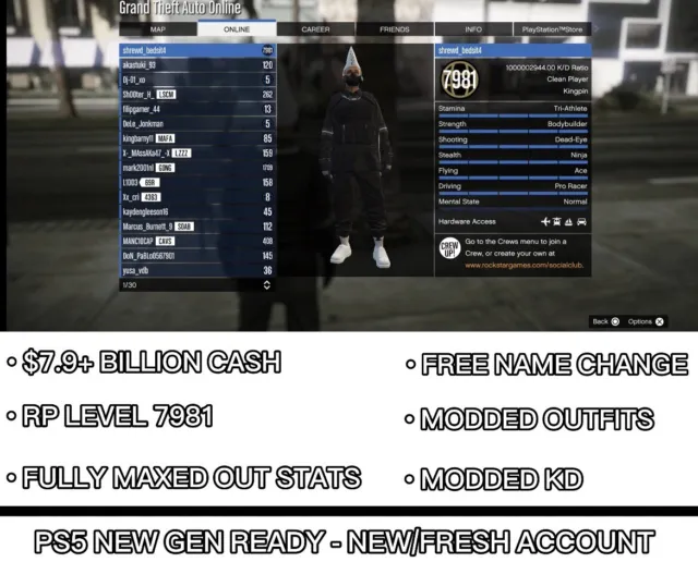 Buy GTA 5 Account 8 Bilion Pure Cash  1000 RP Level (PS5) - PSN Account -  GLOBAL - Cheap - !