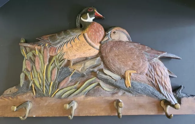 Vintage Carved Wood Duck Plaque -Signed Work- With Brass Coat Hooks (TD)