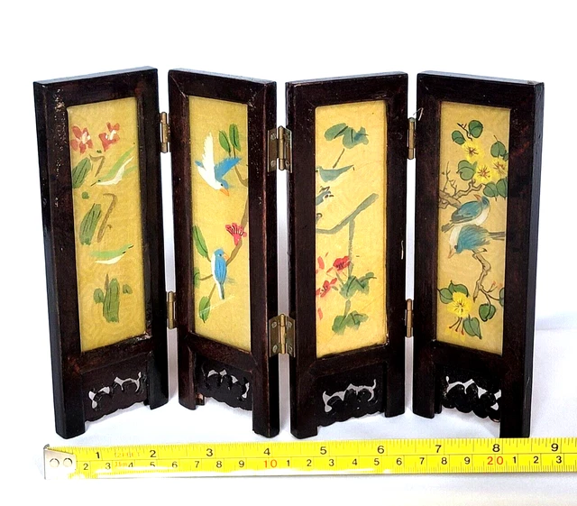 Hand Painted Tabletop Four Panel Silk Screen Asian Chinese Vintage Miniature
