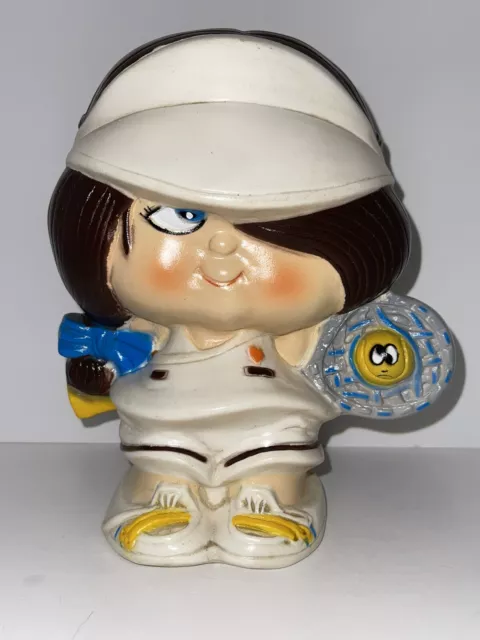 Vintage Blow Mold Sports Skwirts Inc 1980 Sally Serve Money Coin Bank With Plug