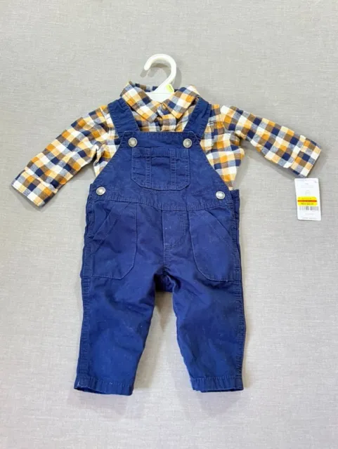 Carter's Flannel Shirt Overalls 2 Piece Set Boys 3M Blue Button Plaid Infant.