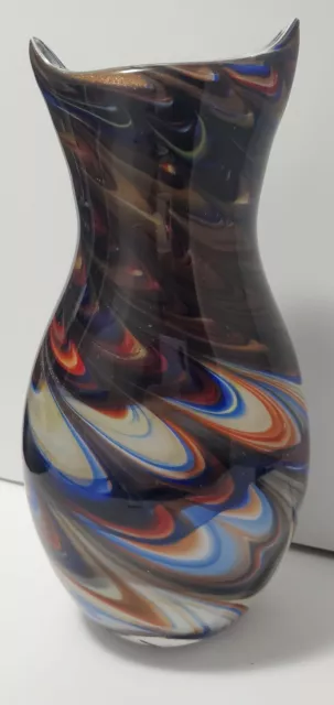 Heavy Art Glass Hand Blown Vase  Peacock Bird Feather style 13" contemporary Vtg