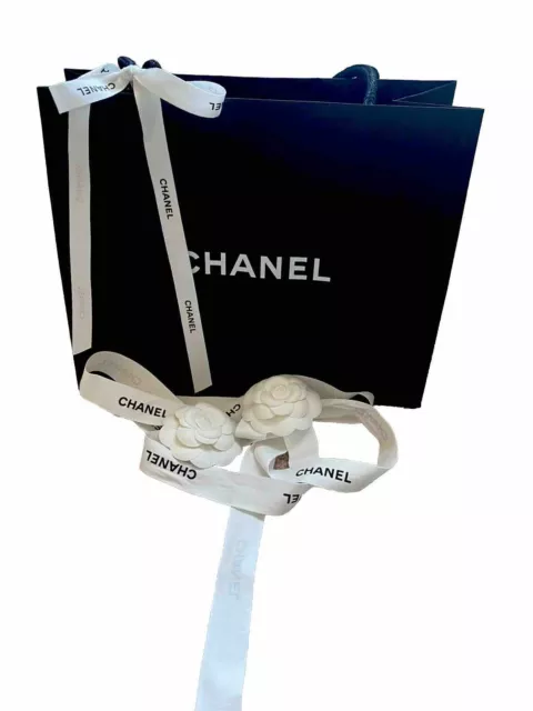 Chanel Paper Shopping Bag Black With Ribbon And 2 Camellias