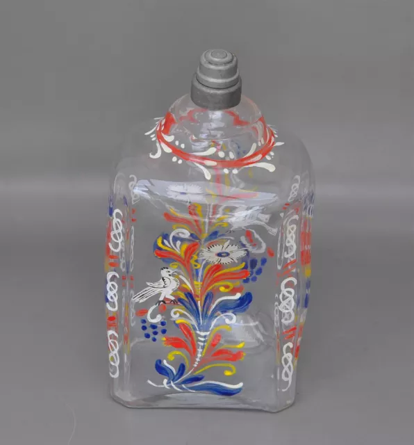 Emailbemalte antike Glasflasche, Schnapsflasche mit Zinnverschluss - 19. J.