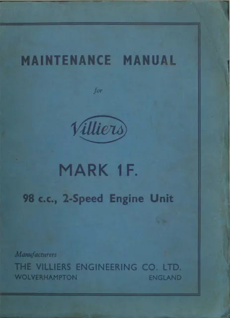 Villiers Motorcycle Motorbike Mk 1F 98cc 2-Speed Engine Unit Workshop Manual