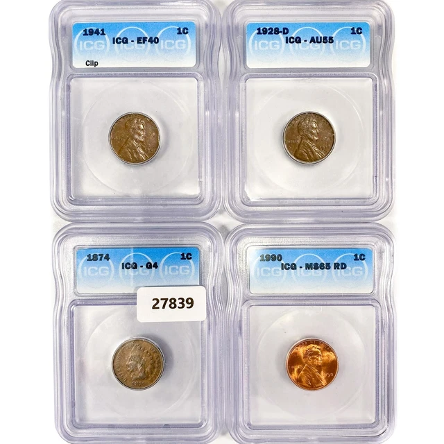 (4) Misc Cents (1874, 1928-S, 1941, 1990) Coin ICG