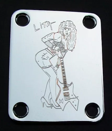 GUITAR NECK PLATE Custom Engraved Etched - LITA FORD - CHROME