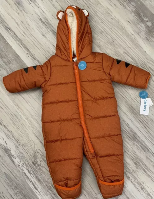 Carters Orange Tiger Infant Snowsuit Faux Fur Fold Over Feet Size 3/6 Month