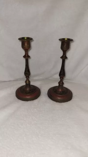 Beautiful Pair Of Brass Candle Holders W/ Intricate Enamel Inlay Red & Black 7"