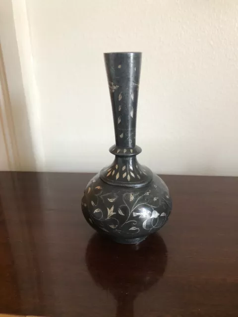 Vintage Arabic Small Heavy metal Bud Vase dark Grey Silver Birds / Flowers