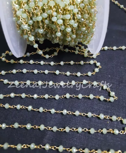 1,3,5 Ft Green Prehnite Hydro Silver Coated Beads Faceted Rondelle Rosary Chain