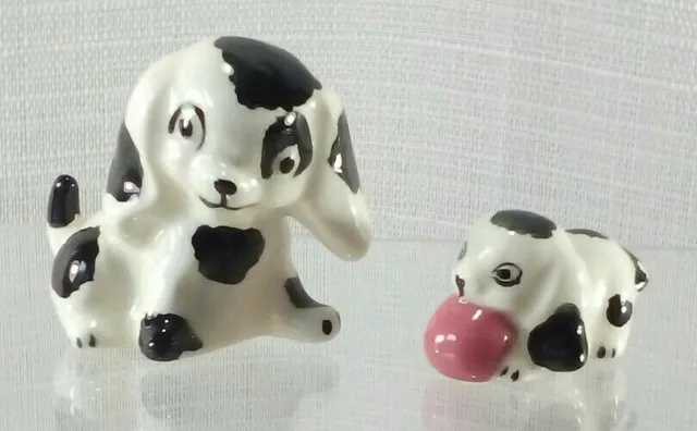 Dalmatian Dog Puppy Figurines LOT of 2 Ceramic Glazed Miniature Vtg 1.5"-1" Cute