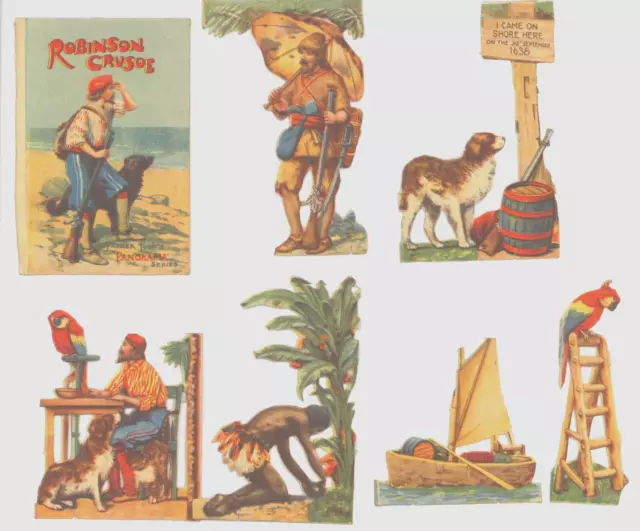ROBINSON CRUSOE, die cut, panorama fold out paper scrap toy, Tuck 7002