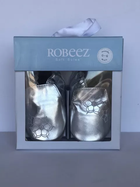 ROBEEZ 100% Leather 0-6 Months Loved and Cherished Baby Silver Soft Crib Shoes