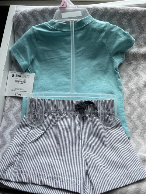 Carters Infant Boys Baby Outfit Blue Monster Truck Shirt Stripe Shorts 0-3month 2