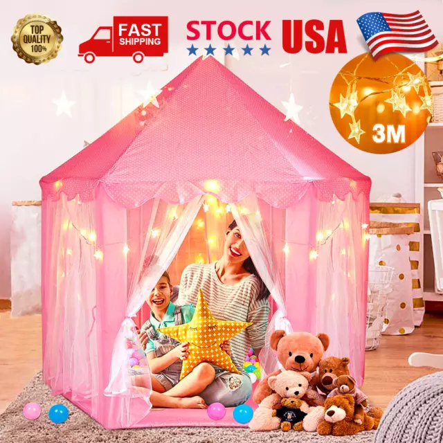 Pink Princess Castle Play Tent Kids Girls Playhouse Indoor/Outdoor Game & Lights